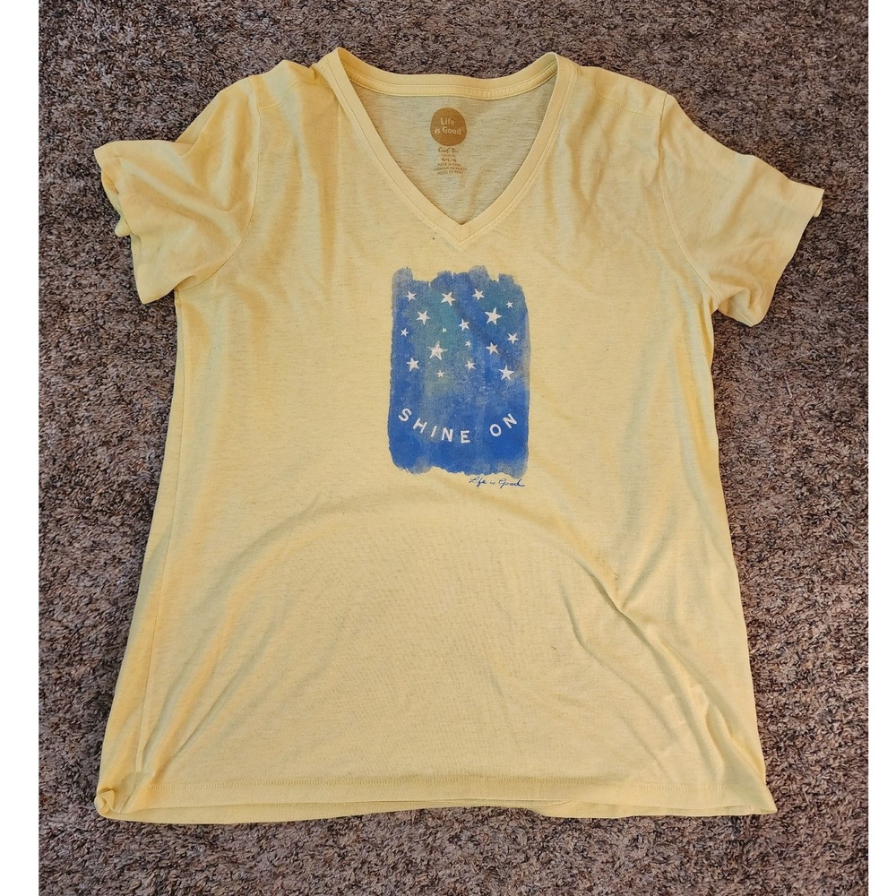 Life is Good Women's Large Yellow V-Neck "Shine On" Star Graphic Tee Shirt